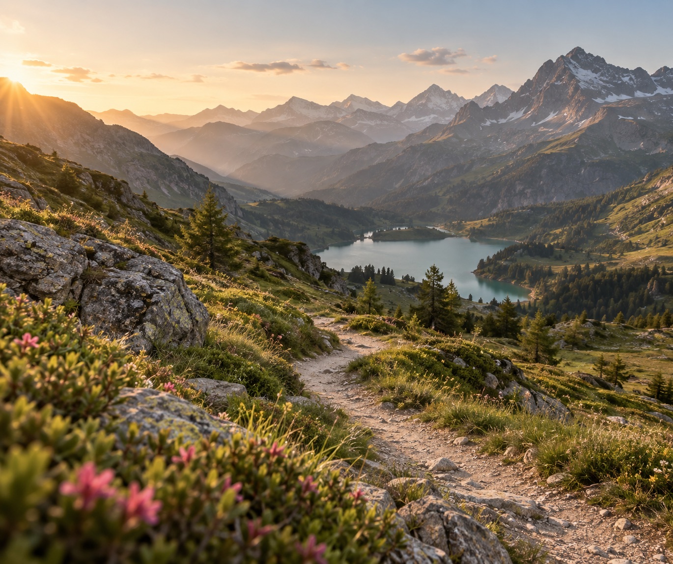 Sentier de randonnée et lac au cœur d’un paysage de montagne