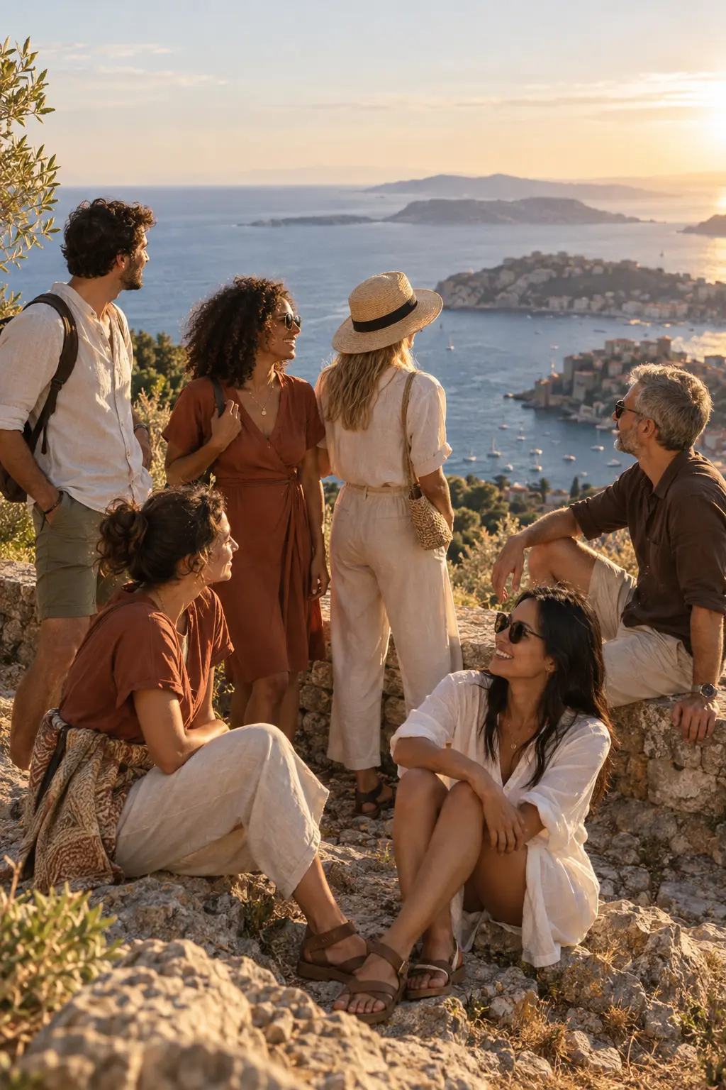Groupe d’amis partageant un moment de voyage face à la mer