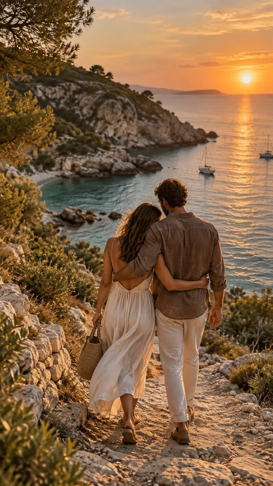 Couple en voyage de noces face à une crique méditerranéenne