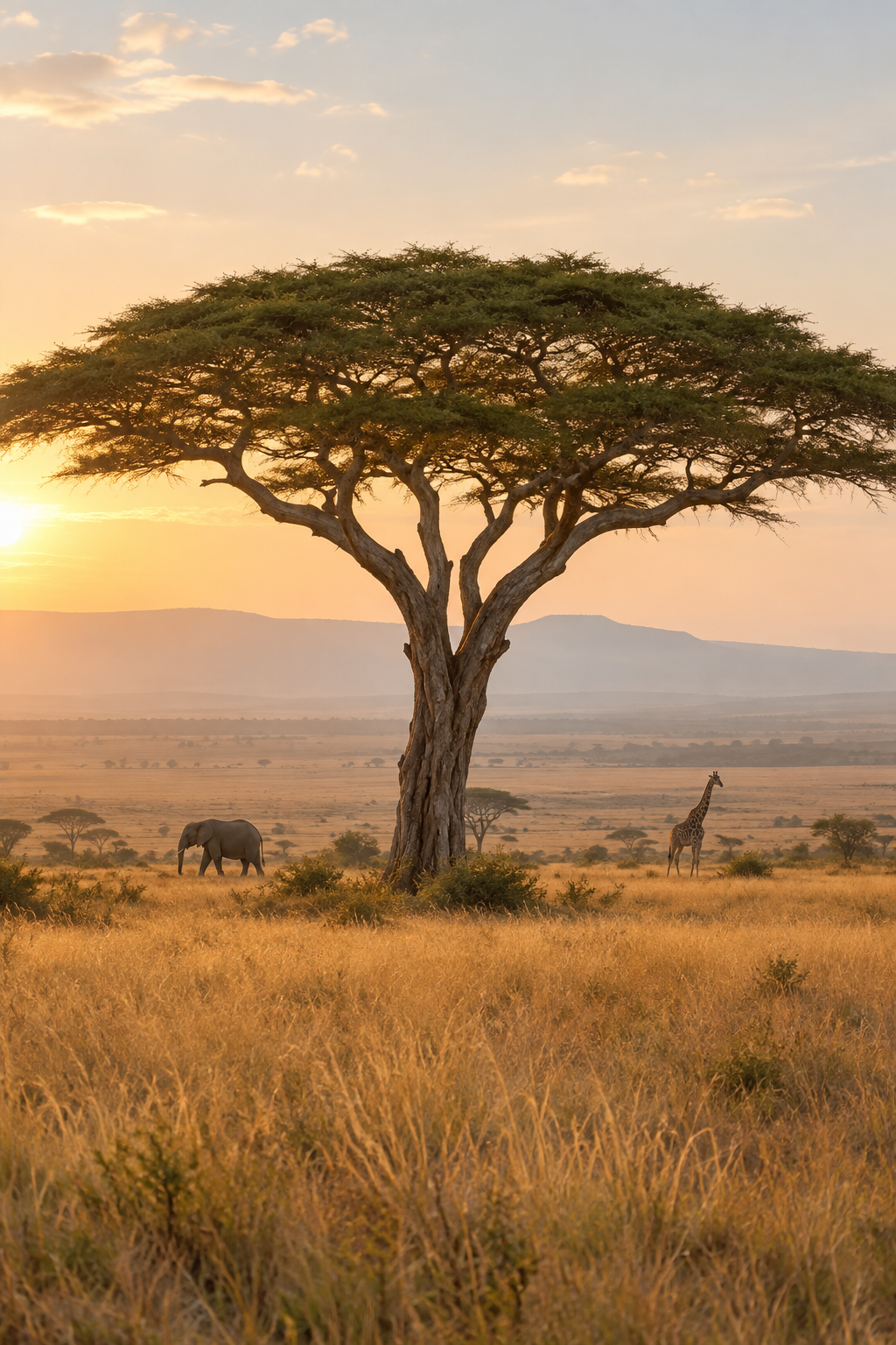 Acacia dans la savane dorée du Kenya, avec un éléphant et une girafe au loin — visuel d’illustration